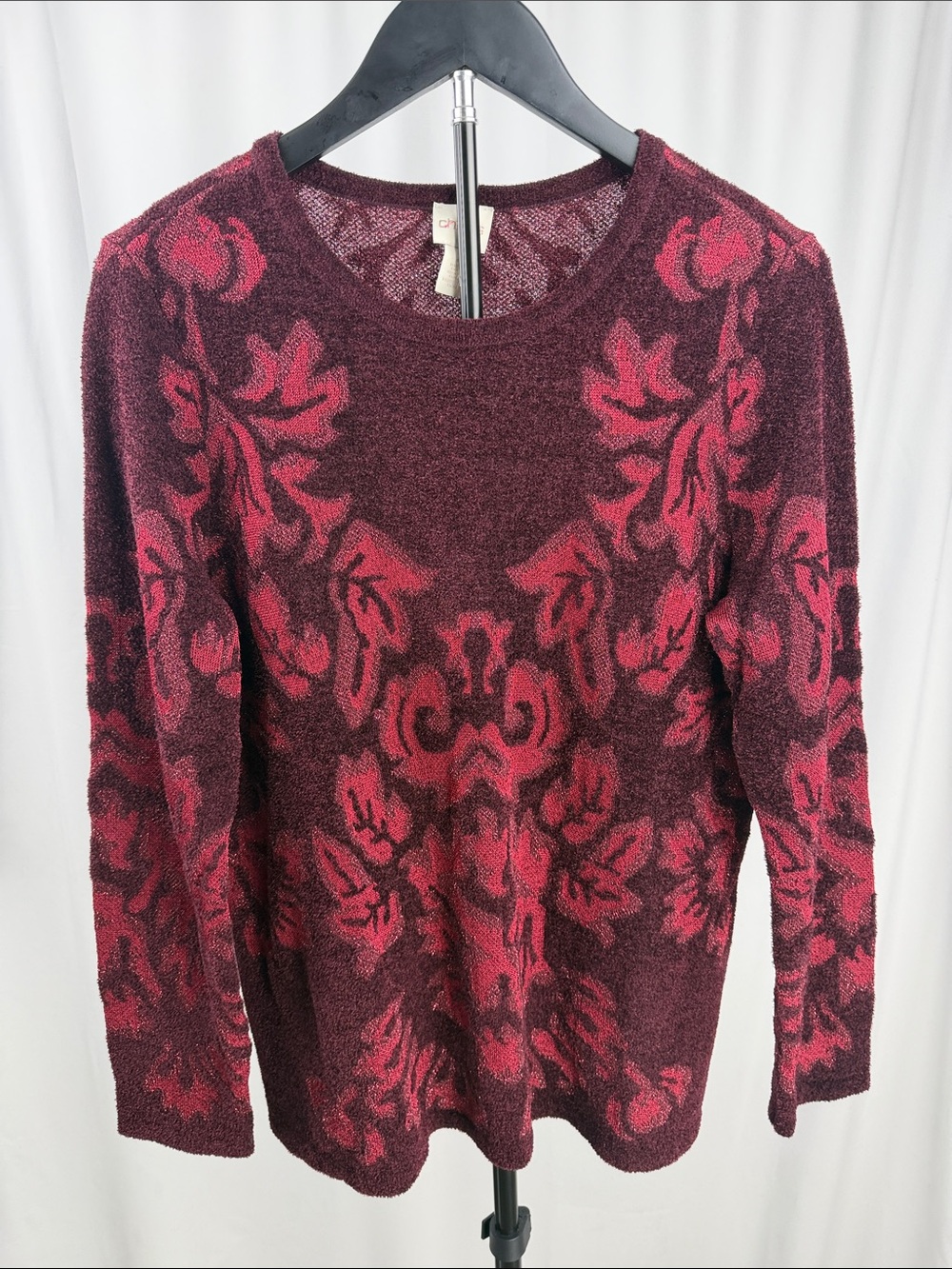 Chico's Burgundy Sweater with Rose Floral Motif